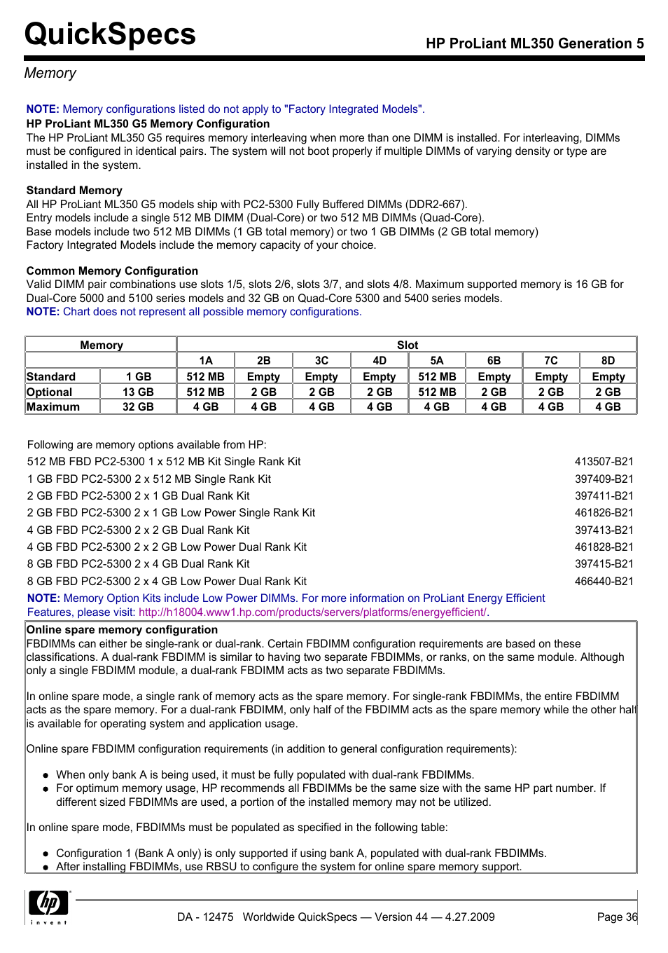 Memory, Quickspecs | HP ML350 User Manual | Page 36 / 47