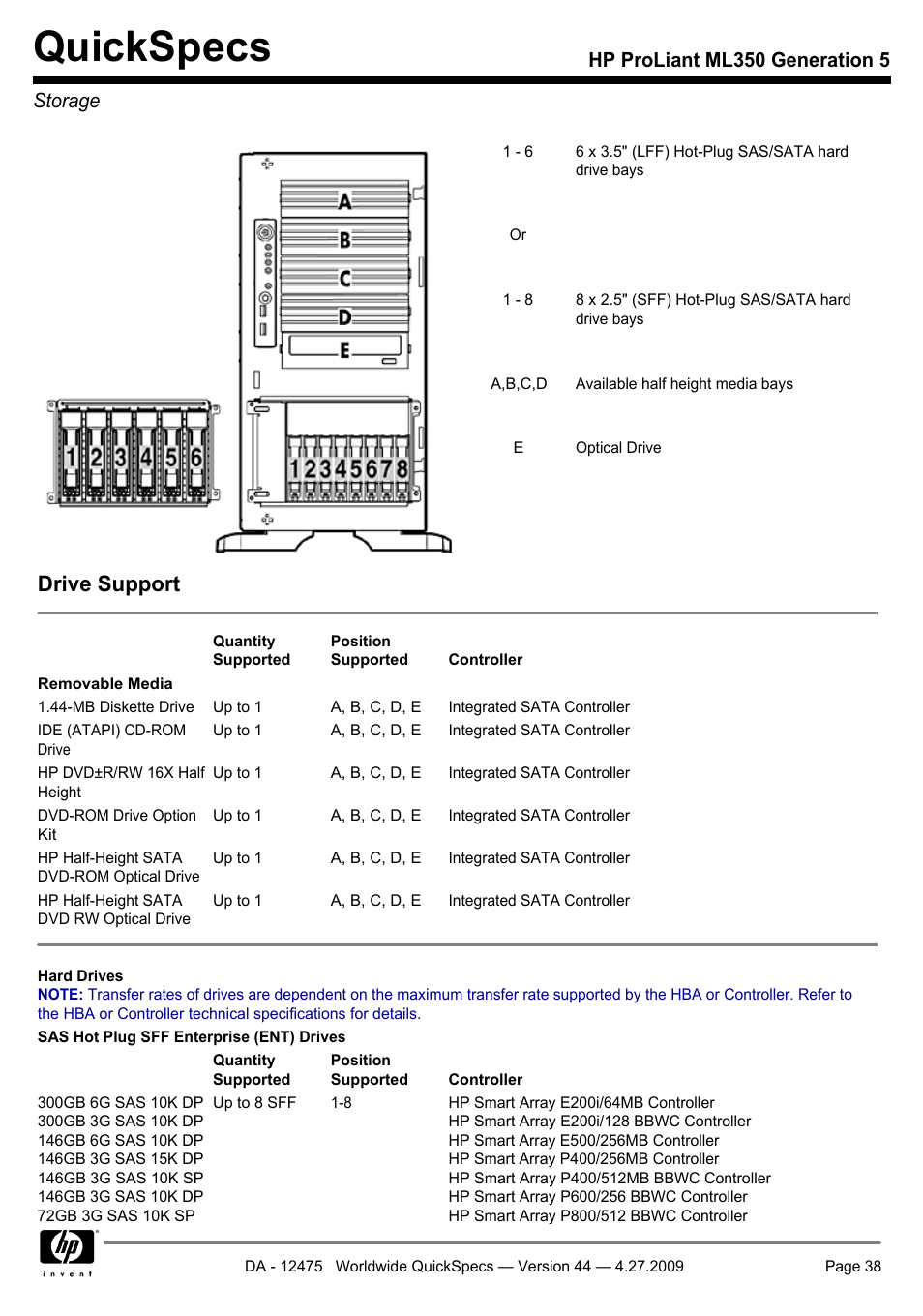 Storage, Quickspecs, Drive support | Hp proliant ml350 generation 5 storage | HP ML350 User Manual | Page 38 / 47