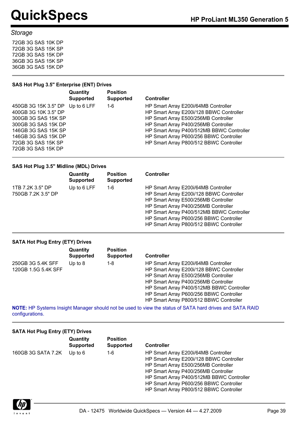 Quickspecs, Hp proliant ml350 generation 5 storage | HP ML350 User Manual | Page 39 / 47