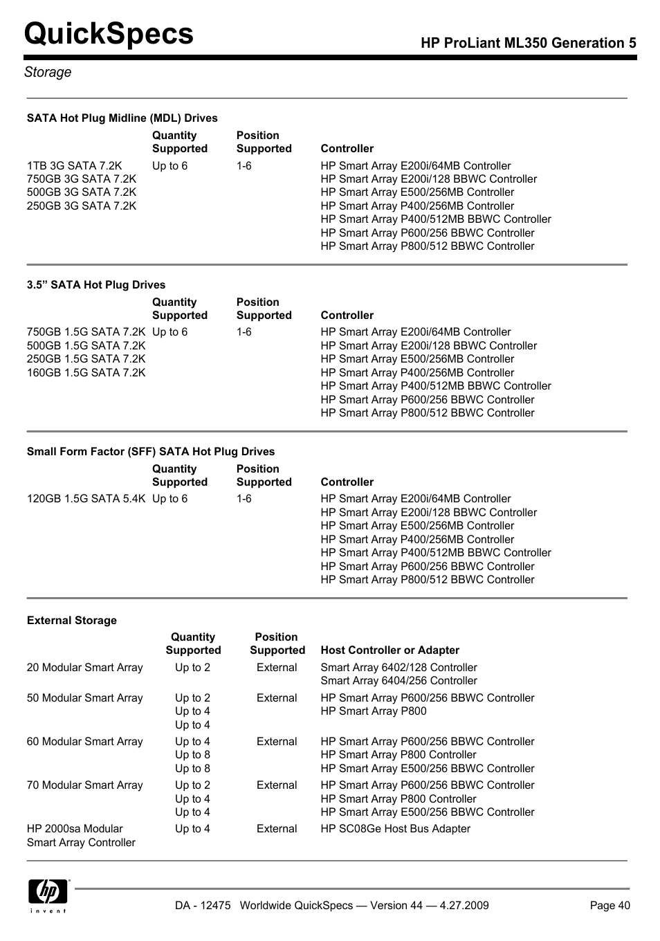 Quickspecs, Hp proliant ml350 generation 5 storage | HP ML350 User Manual | Page 40 / 47