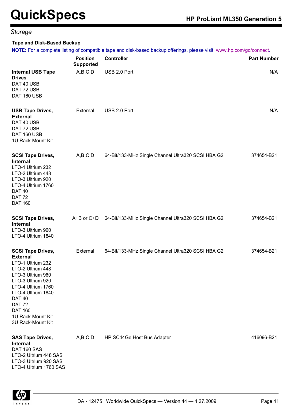Quickspecs, Hp proliant ml350 generation 5 storage | HP ML350 User Manual | Page 41 / 47