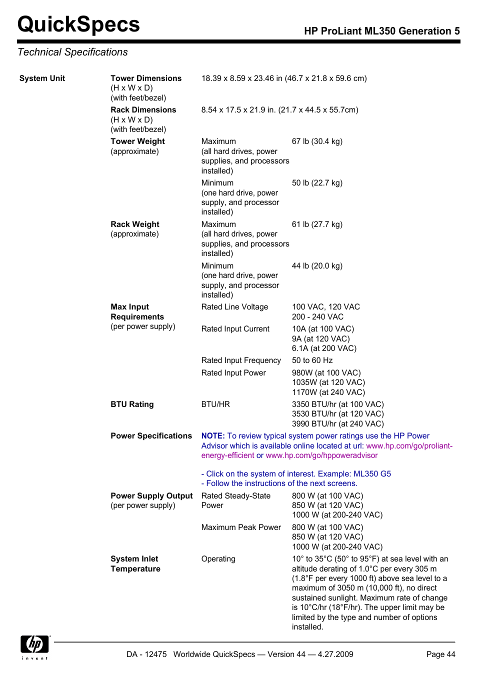 Technical specifications, Quickspecs | HP ML350 User Manual | Page 44 / 47