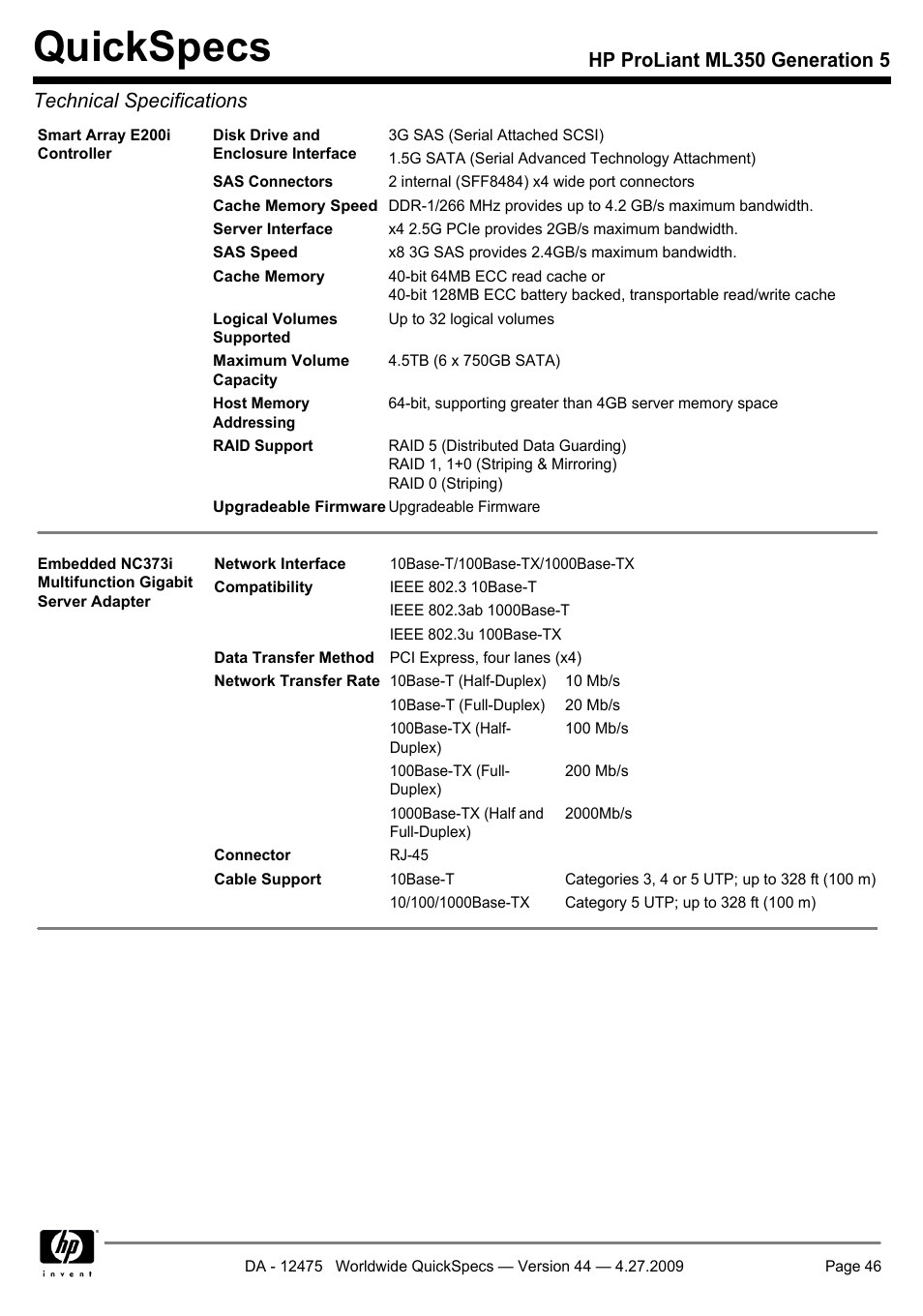 Quickspecs | HP ML350 User Manual | Page 46 / 47