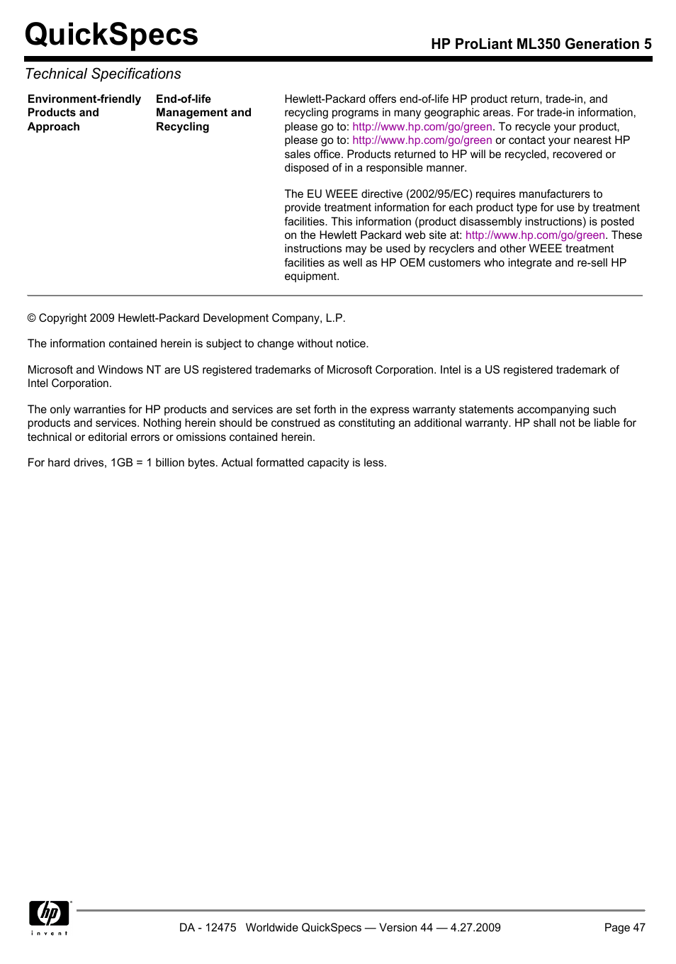 Quickspecs | HP ML350 User Manual | Page 47 / 47