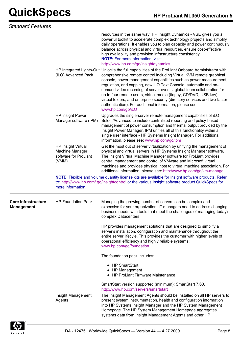 Quickspecs, Hp proliant ml350 generation 5 standard features | HP ML350 User Manual | Page 8 / 47