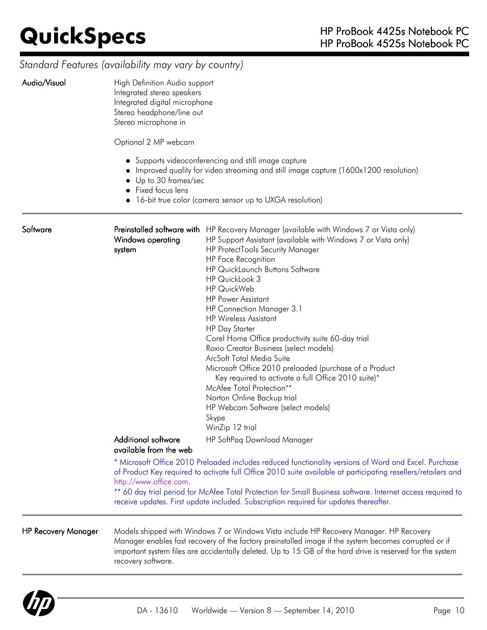 Quickspecs | HP VC133 User Manual | Page 10 / 38