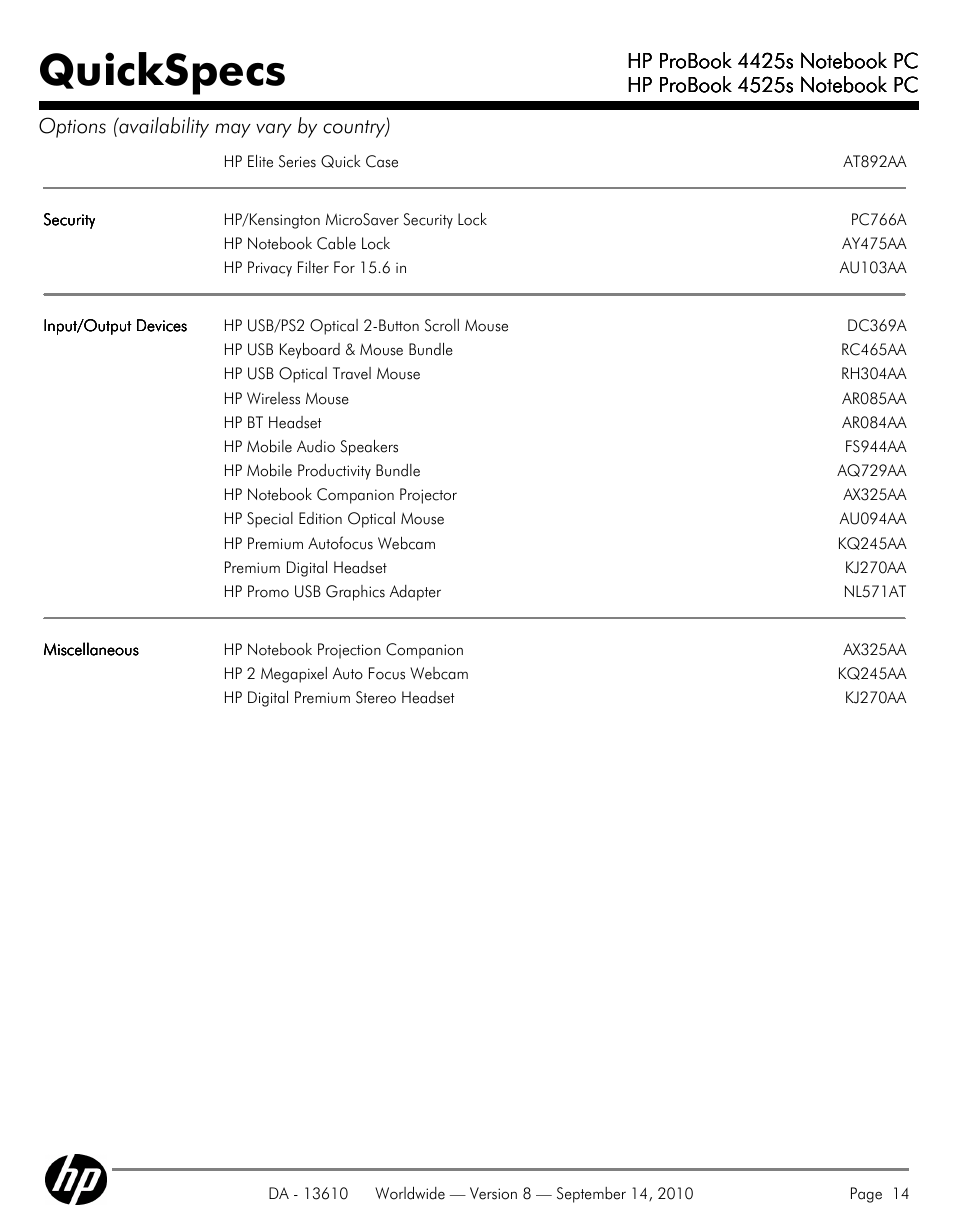 Quickspecs | HP VC133 User Manual | Page 14 / 38