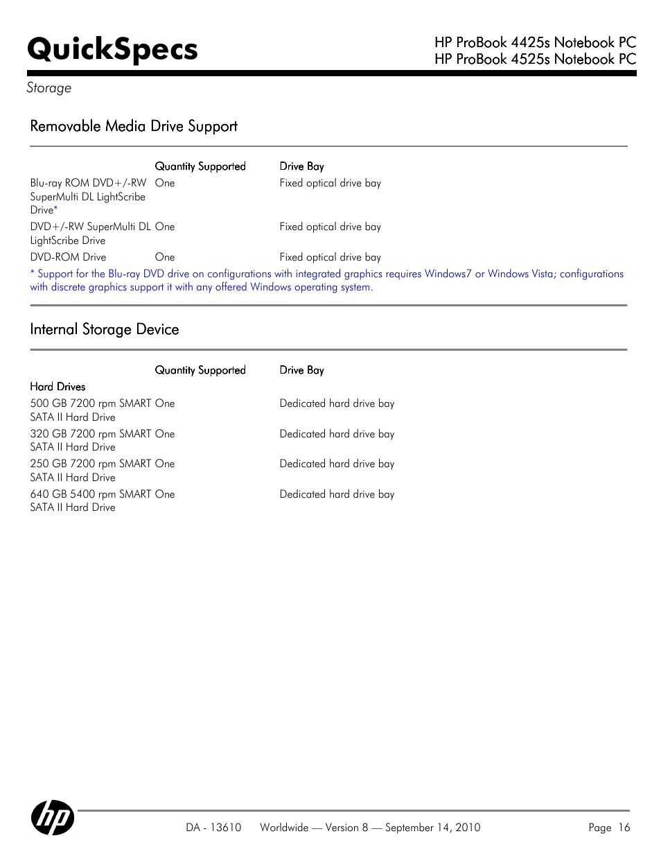 Storage, Quickspecs, Removable media drive support | Internal storage device | HP VC133 User Manual | Page 16 / 38