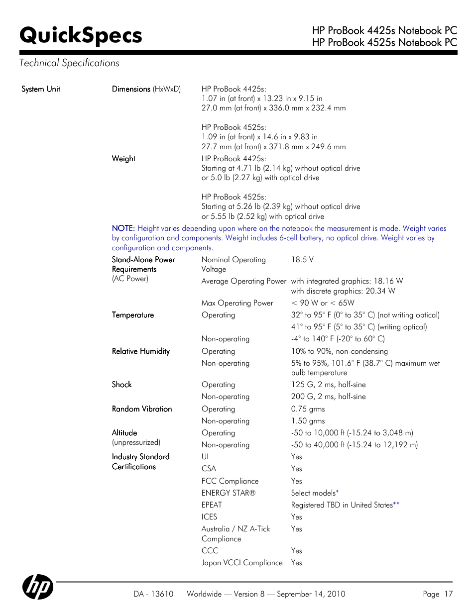 Technical specifications, Quickspecs | HP VC133 User Manual | Page 17 / 38