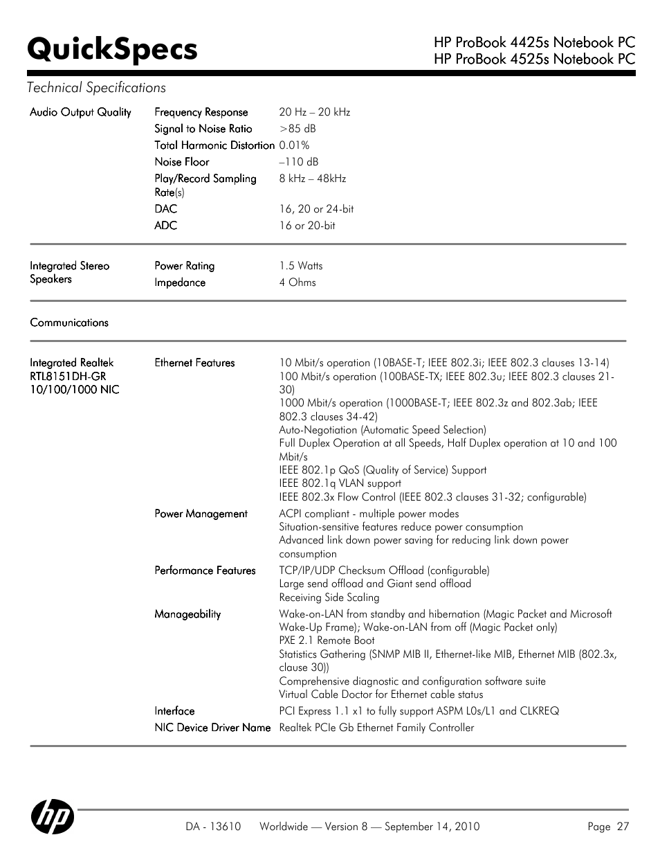 Quickspecs | HP VC133 User Manual | Page 27 / 38