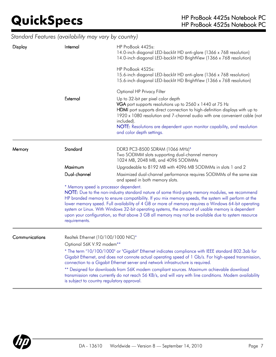 Quickspecs | HP VC133 User Manual | Page 7 / 38