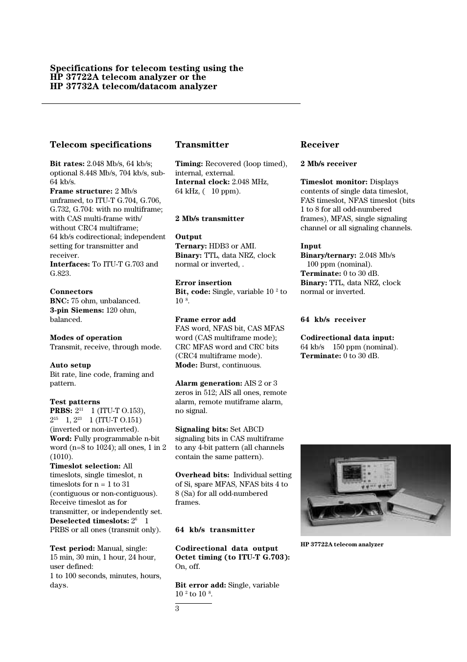 Telecom specifications, Transmitter | HP 37732A User Manual | Page 3 / 8