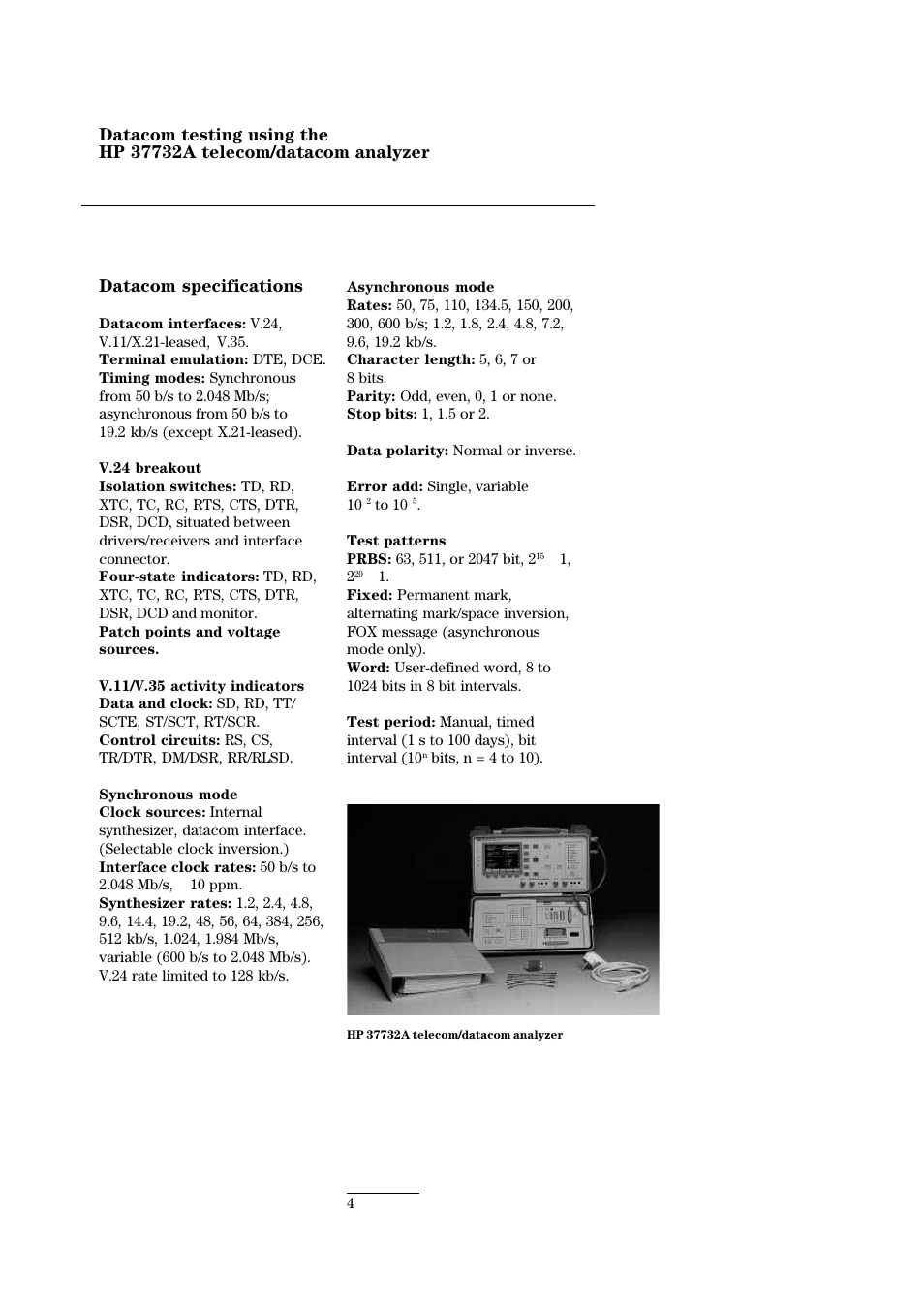Datacom specifications | HP 37732A User Manual | Page 4 / 8