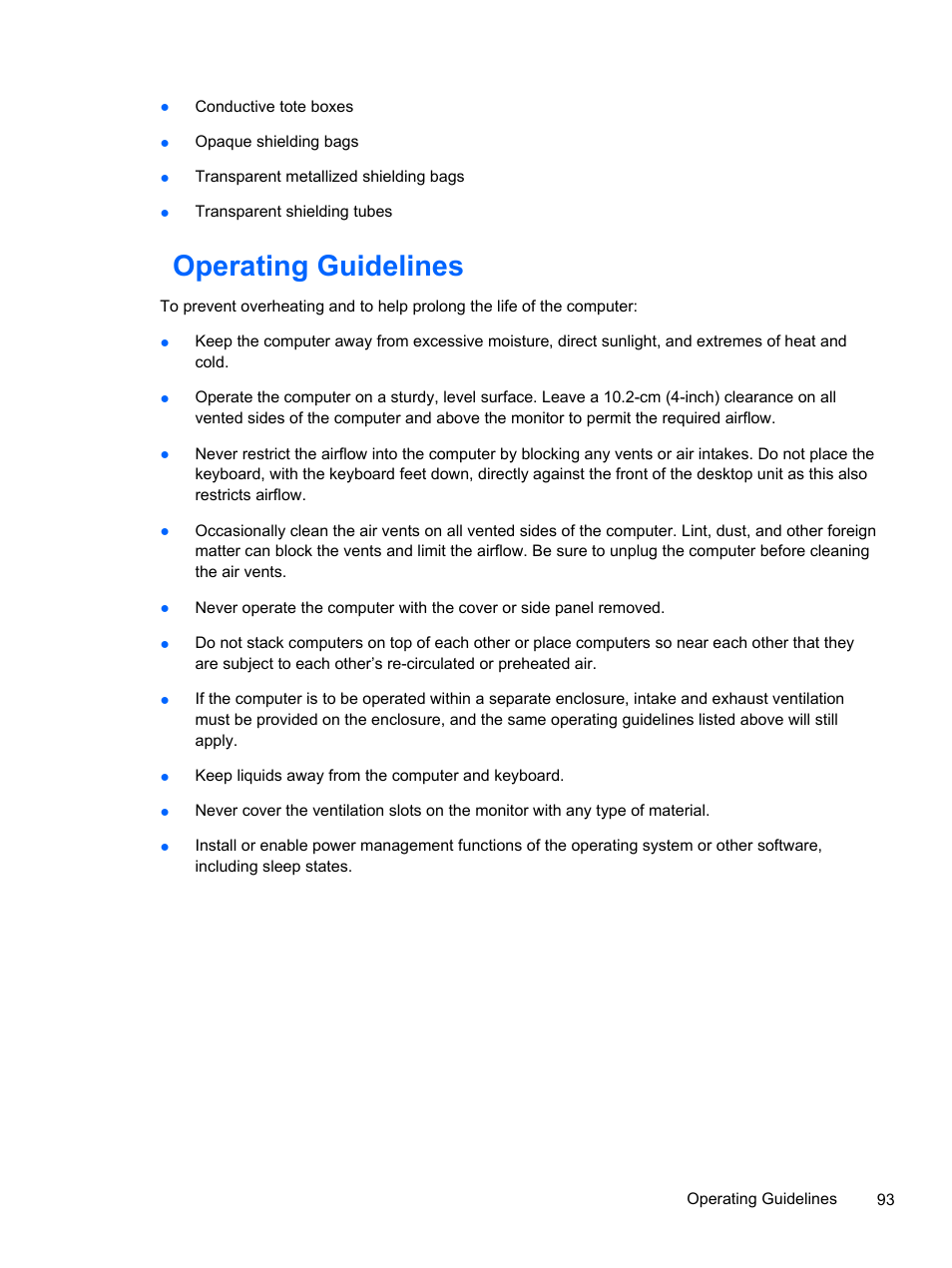 Operating guidelines | HP 500B User Manual | Page 101 / 113