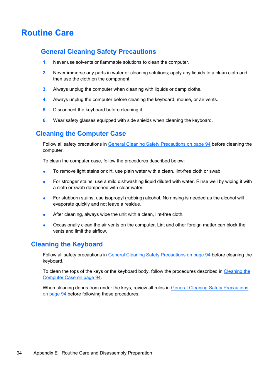 Routine care, General cleaning safety precautions, Cleaning the computer case | Cleaning the keyboard | HP 500B User Manual | Page 102 / 113