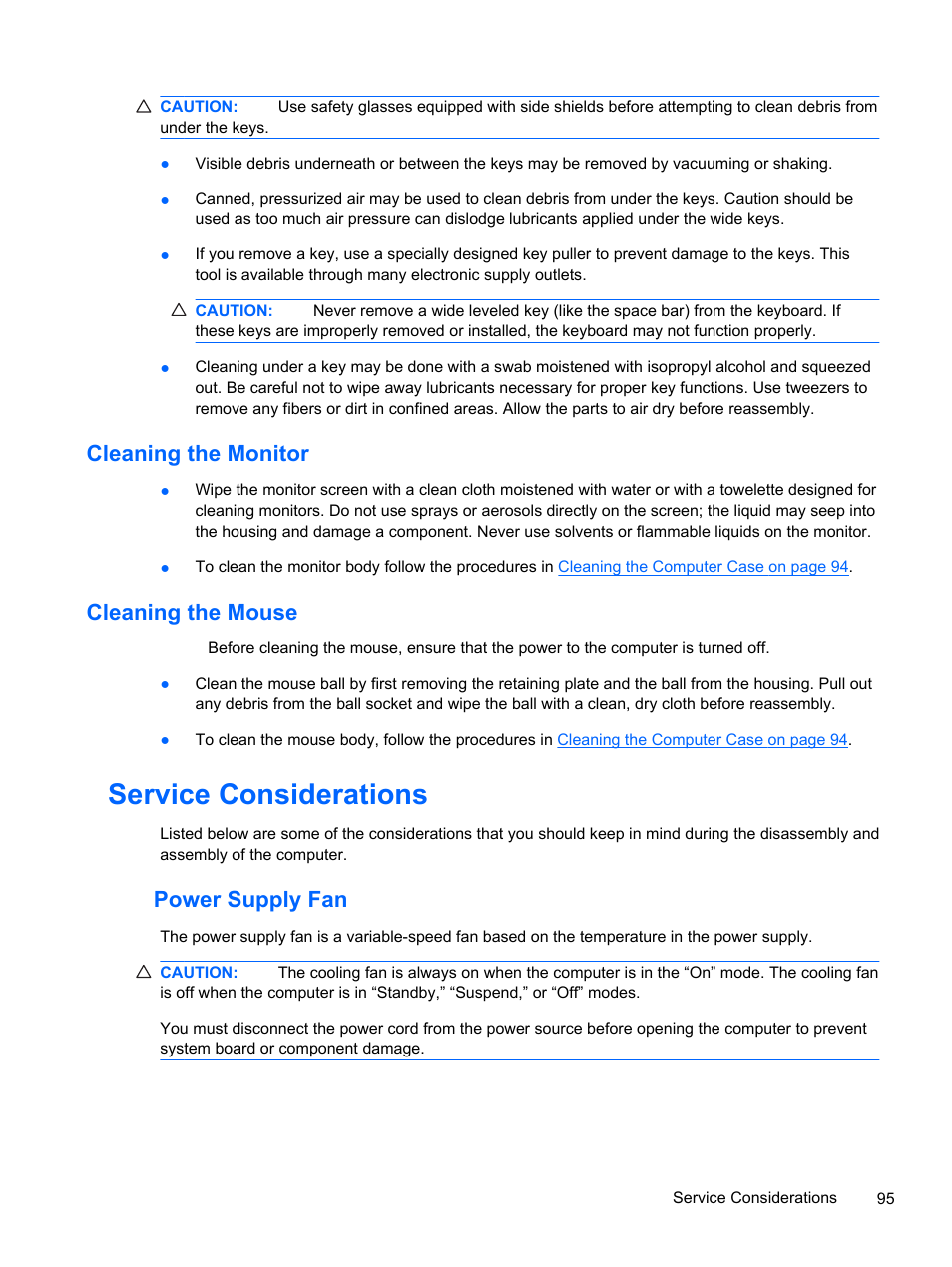 Cleaning the monitor, Cleaning the mouse, Service considerations | Power supply fan, Cleaning the monitor cleaning the mouse | HP 500B User Manual | Page 103 / 113