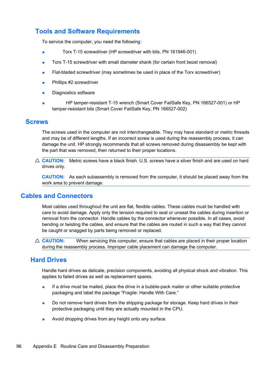 Tools and software requirements, Screws, Cables and connectors | Hard drives | HP 500B User Manual | Page 104 / 113