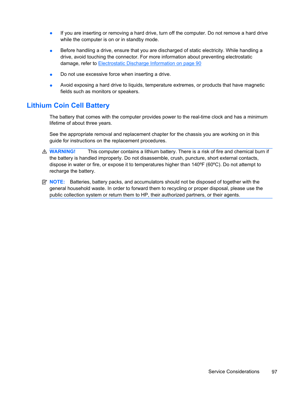Lithium coin cell battery | HP 500B User Manual | Page 105 / 113