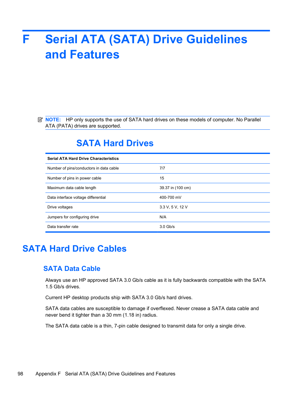 Serial ata (sata) drive guidelines and features, Sata hard drives, Sata hard drive cables | Sata data cable, Sata hard drives sata hard drive cables, Fserial ata (sata) drive guidelines and features | HP 500B User Manual | Page 106 / 113