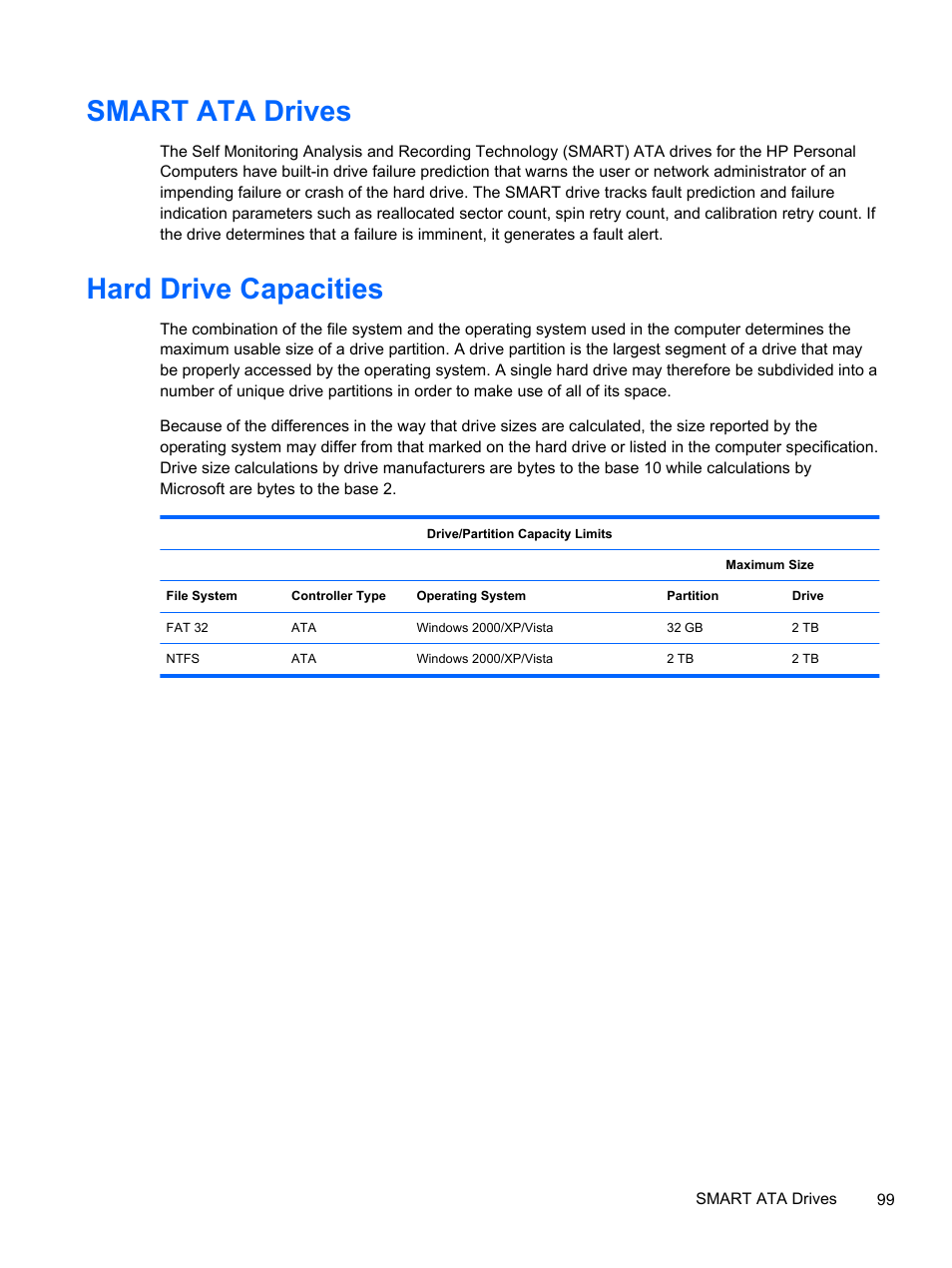 Smart ata drives, Hard drive capacities, Smart ata drives hard drive capacities | HP 500B User Manual | Page 107 / 113