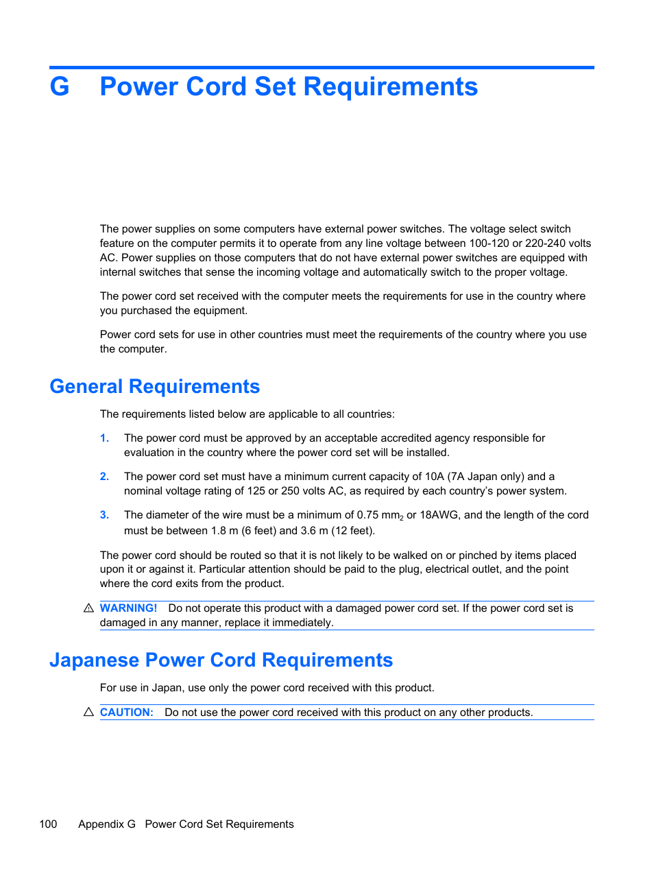 Power cord set requirements, General requirements, Japanese power cord requirements | Appendix g power cord set requirements, Gpower cord set requirements | HP 500B User Manual | Page 108 / 113