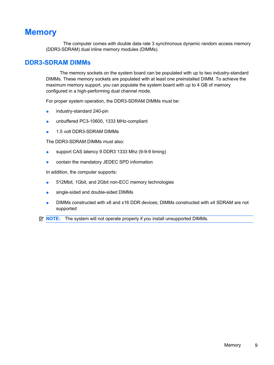 Memory, Ddr3-sdram dimms | HP 500B User Manual | Page 17 / 113