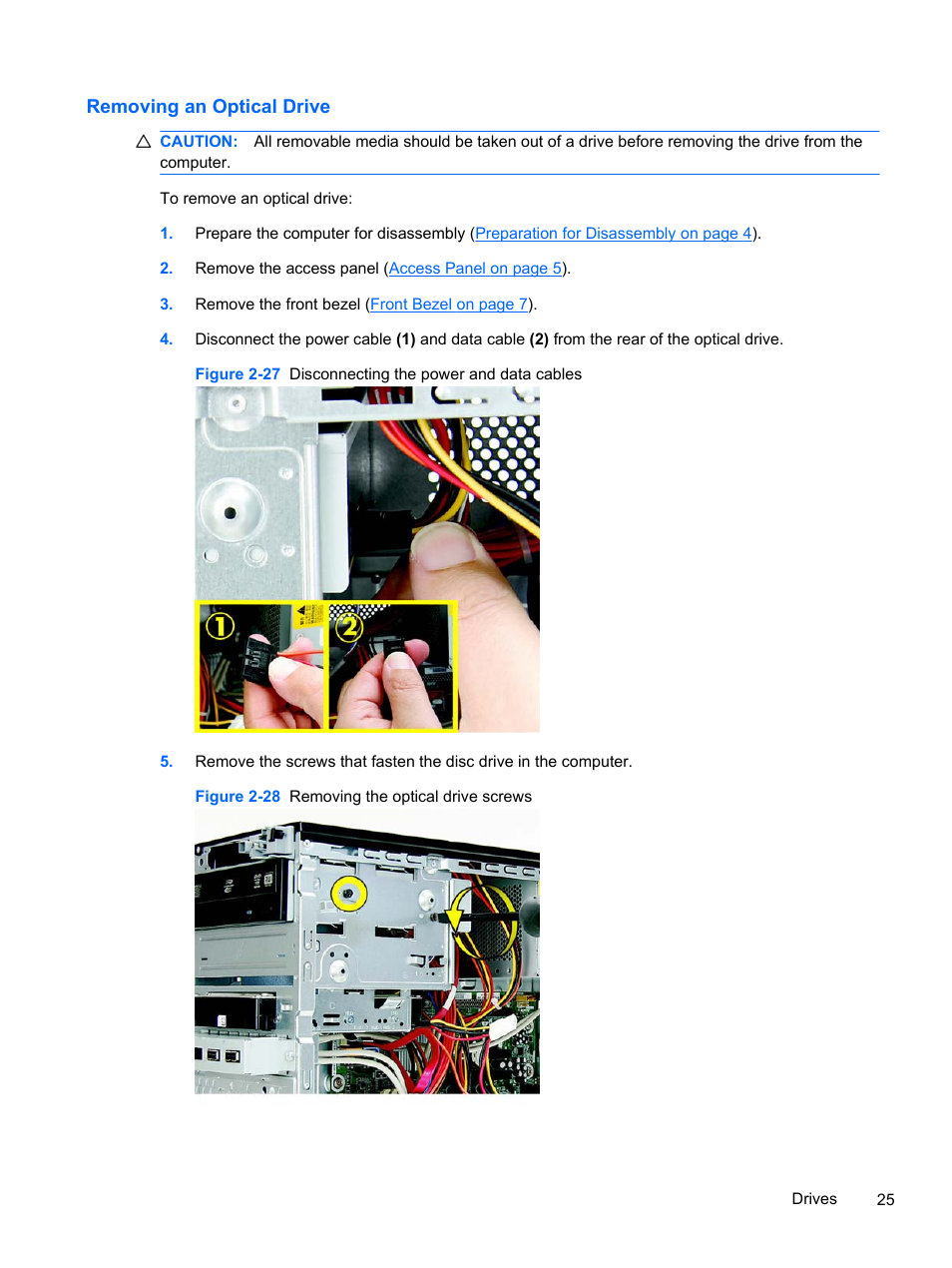 Removing an optical drive | HP 500B User Manual | Page 33 / 113