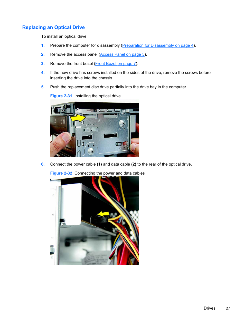 Replacing an optical drive | HP 500B User Manual | Page 35 / 113