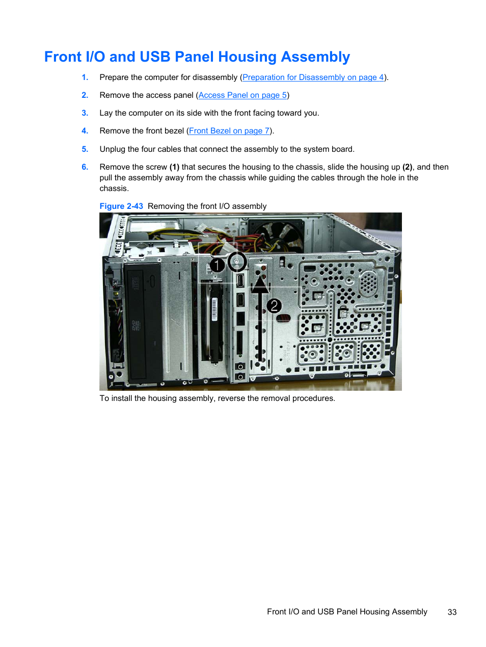 Front i/o and usb panel housing assembly | HP 500B User Manual | Page 41 / 113