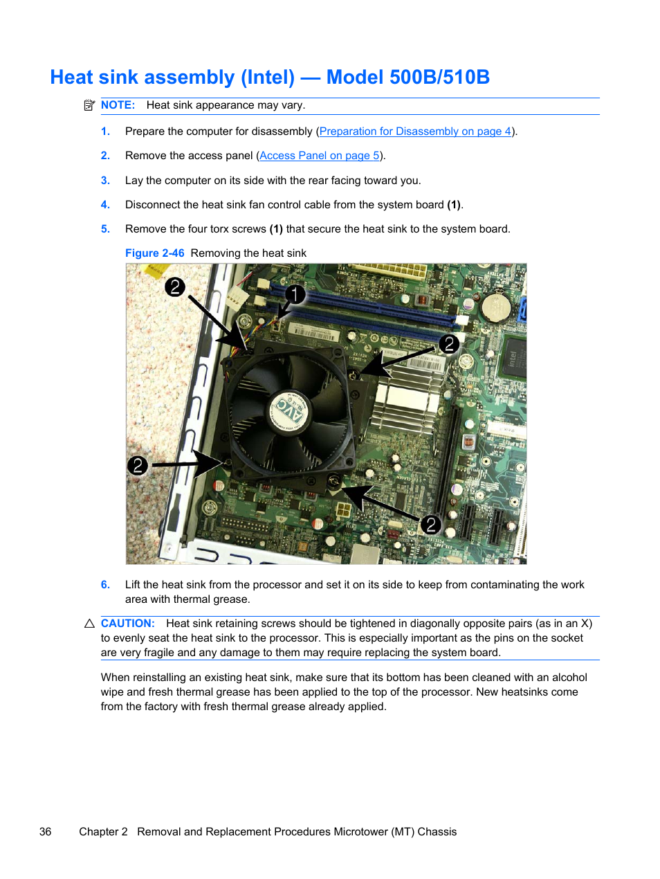 Heat sink assembly (intel) — model 500b/510b | HP 500B User Manual | Page 44 / 113