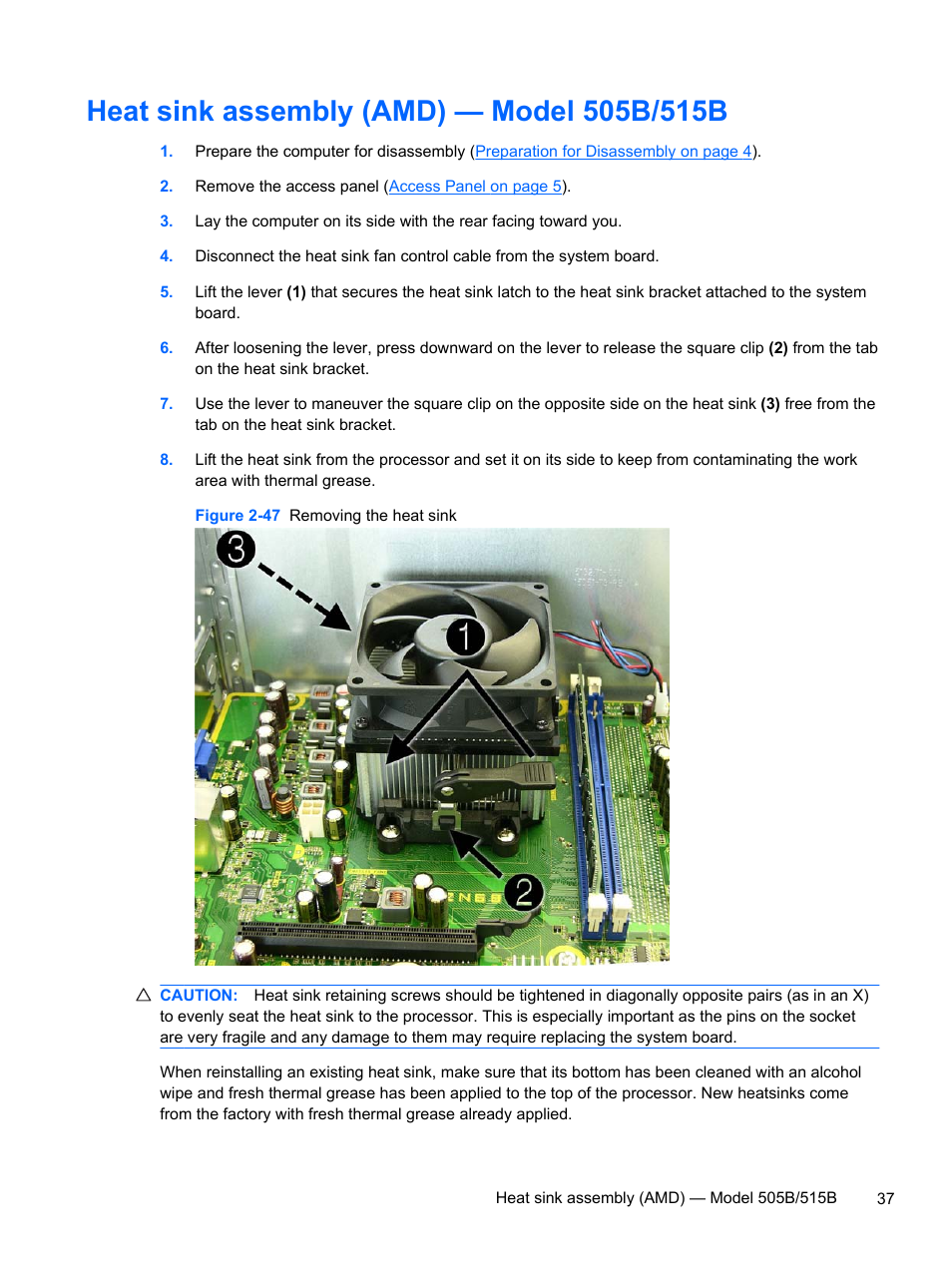 Heat sink assembly (amd) — model 505b/515b | HP 500B User Manual | Page 45 / 113