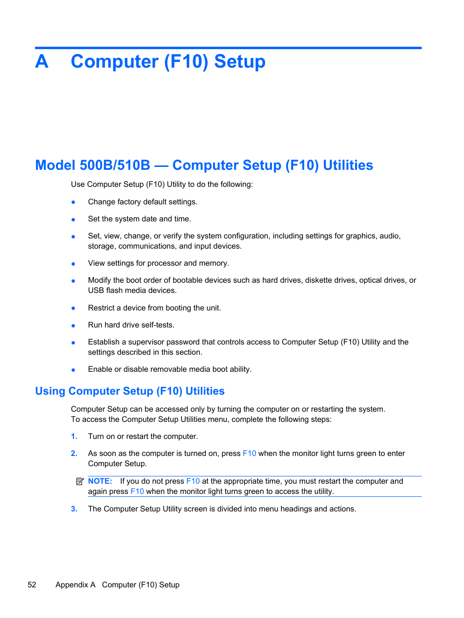 Computer (f10) setup, Model 500b/510b — computer setup (f10) utilities, Using computer setup (f10) utilities | Appendix a computer (f10) setup, Acomputer (f10) setup | HP 500B User Manual | Page 60 / 113