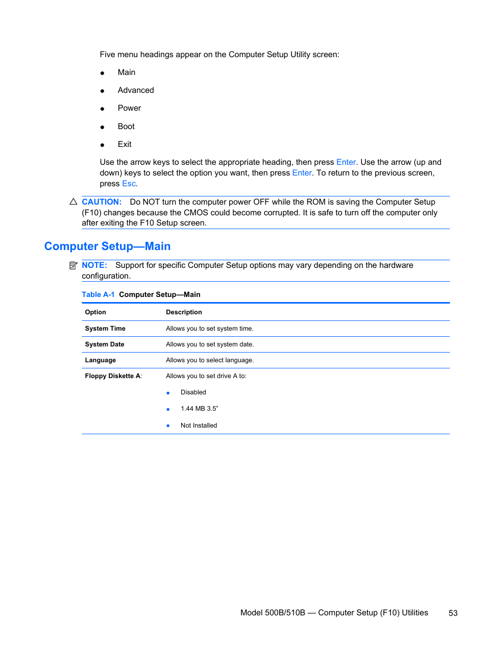 Computer setup—main | HP 500B User Manual | Page 61 / 113