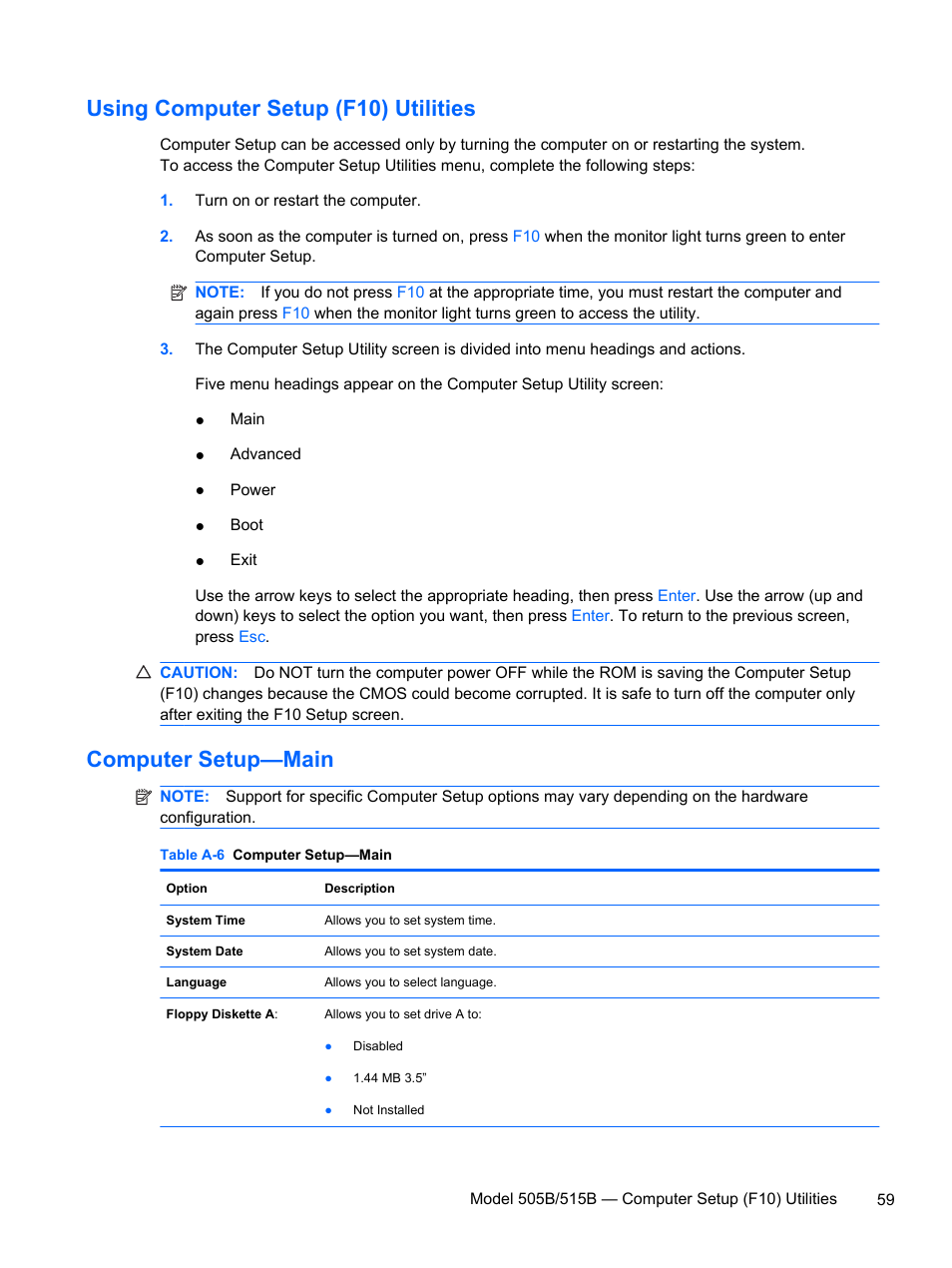 Using computer setup (f10) utilities, Computer setup—main | HP 500B User Manual | Page 67 / 113