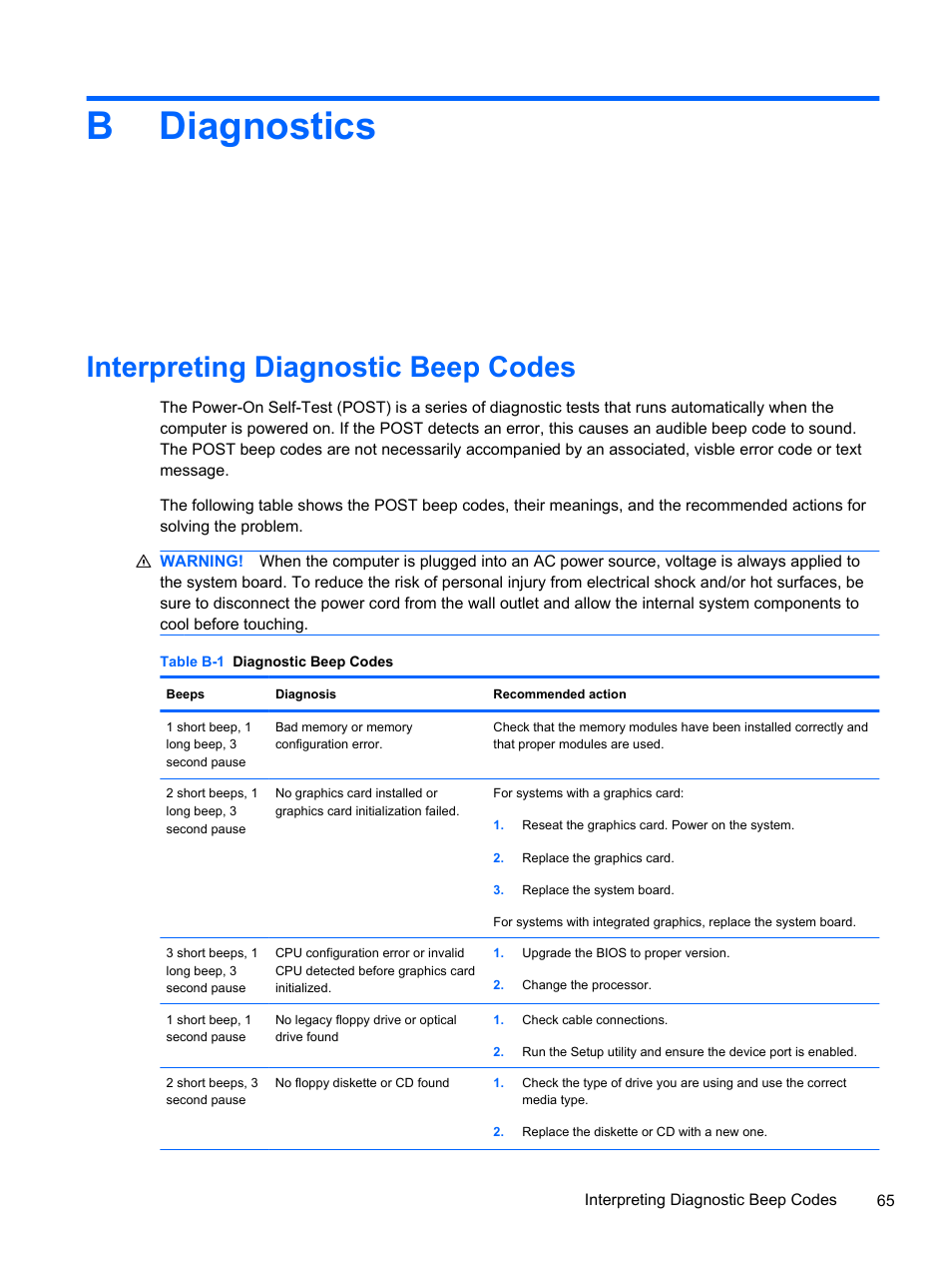 Diagnostics, Interpreting diagnostic beep codes, Appendix b diagnostics | Bdiagnostics | HP 500B User Manual | Page 73 / 113