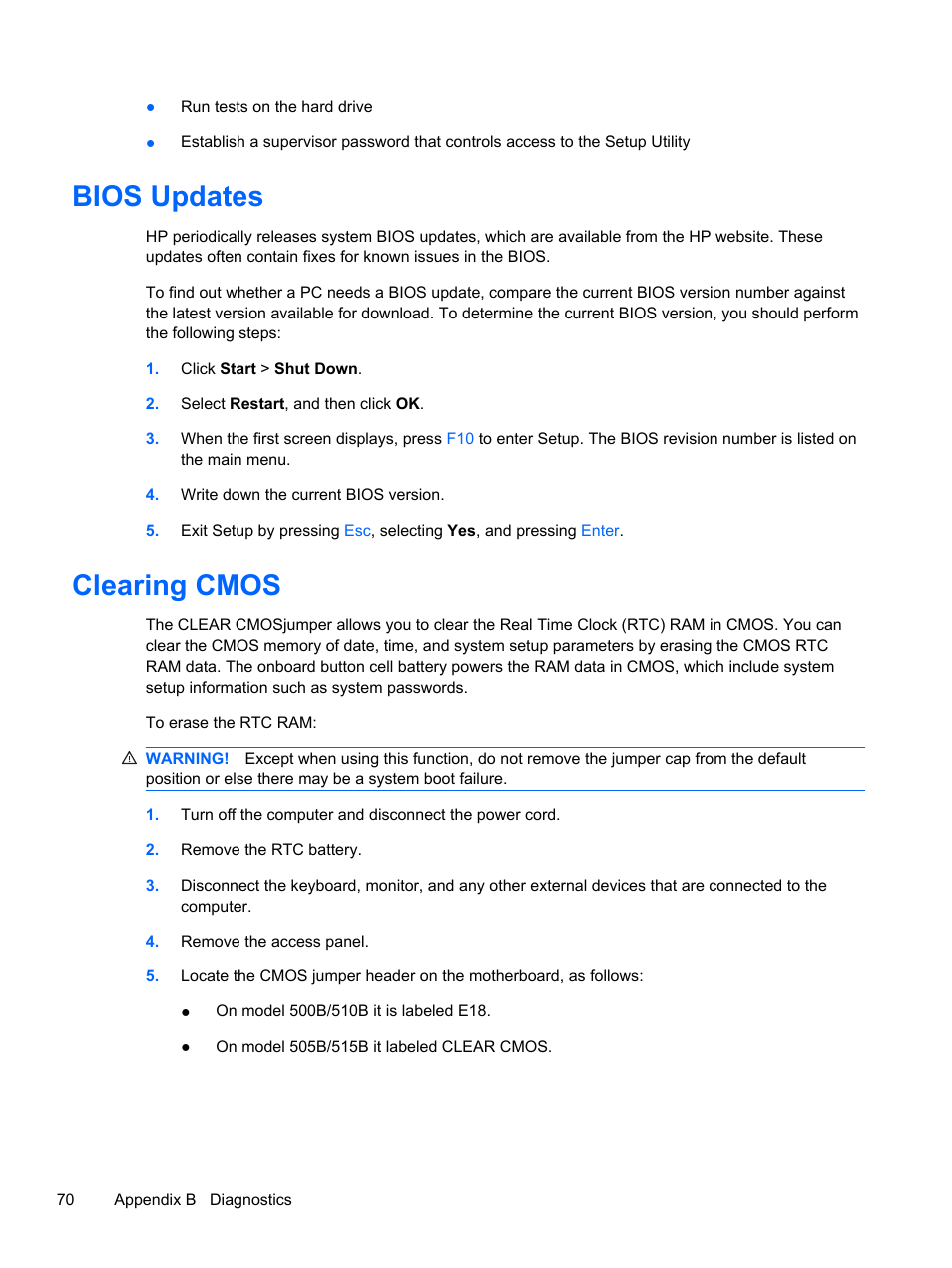 Bios updates, Clearing cmos, Bios updates clearing cmos | HP 500B User Manual | Page 78 / 113