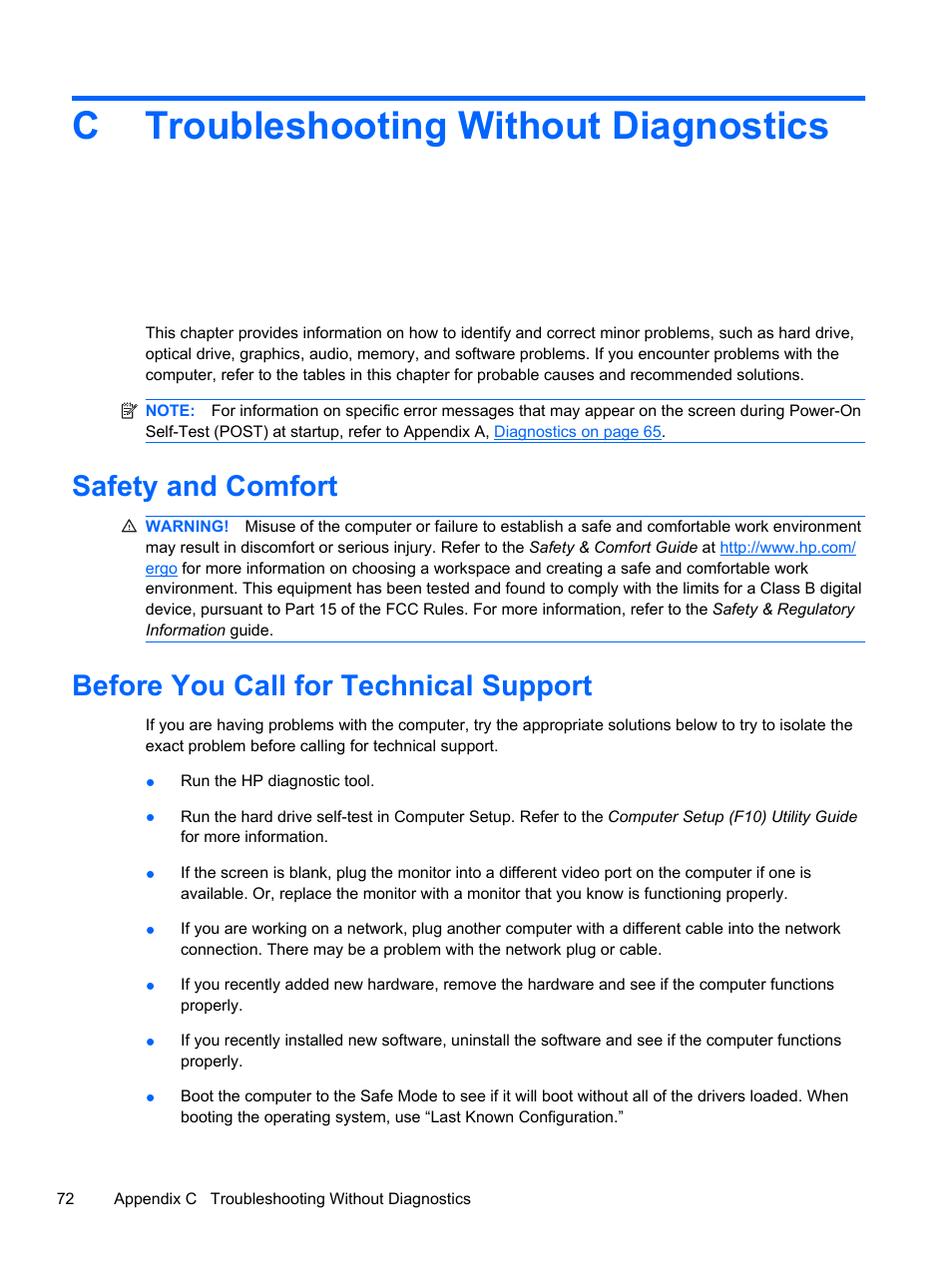 Troubleshooting without diagnostics, Safety and comfort, Before you call for technical support | Appendix c troubleshooting without diagnostics, Ctroubleshooting without diagnostics | HP 500B User Manual | Page 80 / 113