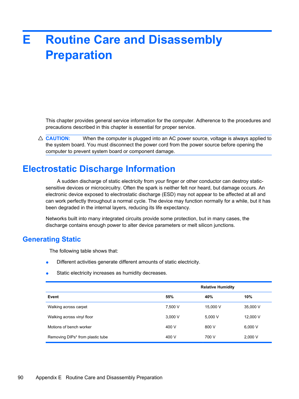 Routine care and disassembly preparation, Electrostatic discharge information, Generating static | Eroutine care and disassembly preparation | HP 500B User Manual | Page 98 / 113