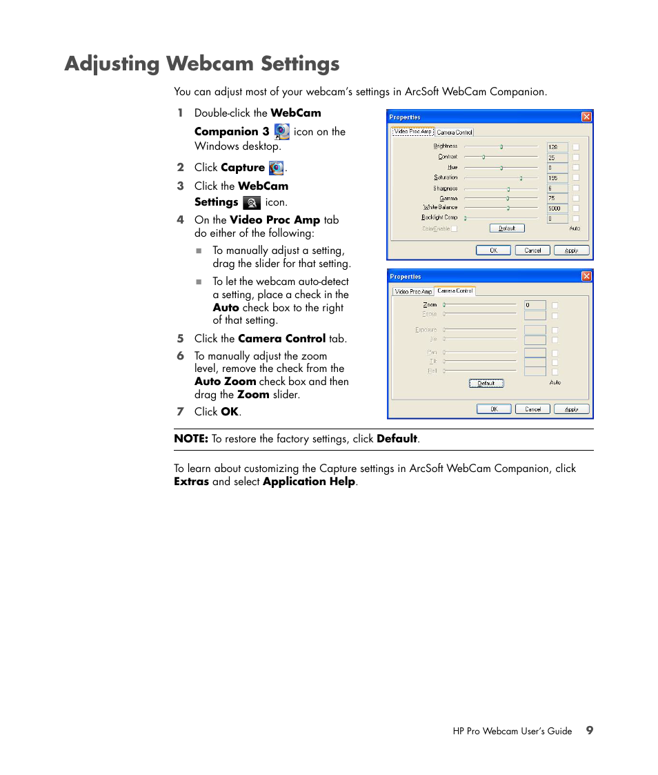 Adjusting webcam settings | HP 575739-001 User Manual | Page 13 / 16