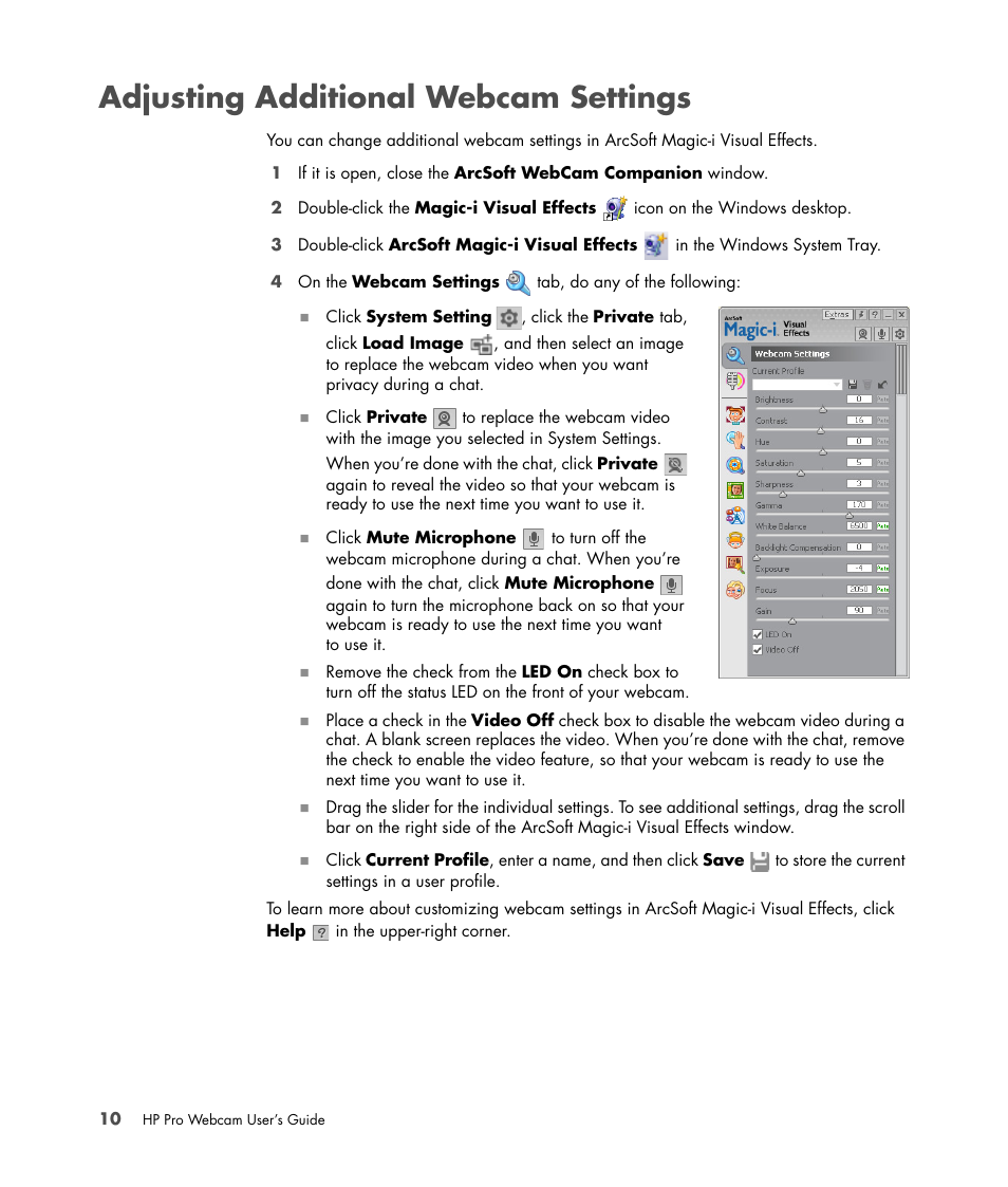Adjusting additional webcam settings | HP 575739-001 User Manual | Page 14 / 16