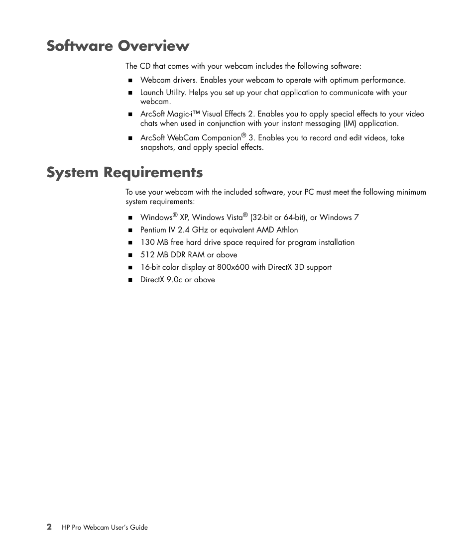 Software overview, System requirements, Software overview system requirements | HP 575739-001 User Manual | Page 6 / 16
