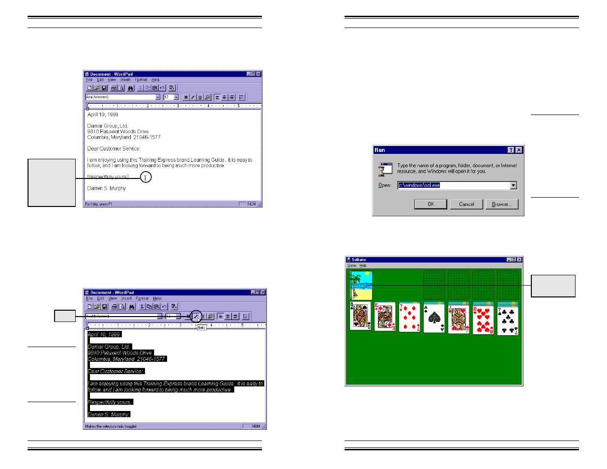 Loading solitaire, Applying italics | HP Windows 98 Training express User Manual | Page 11 / 28