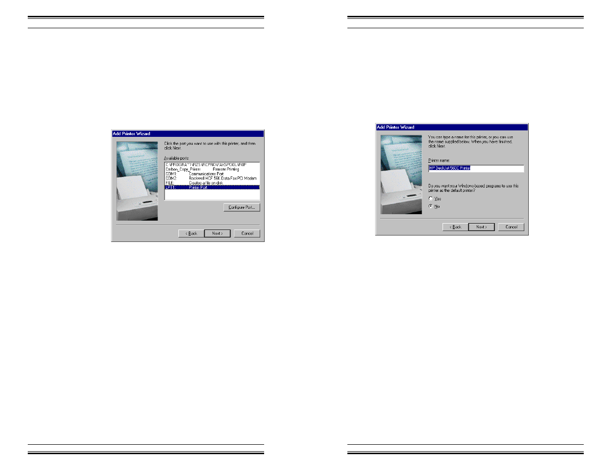 Selecting a printer port, Naming the printer, Selecting a default printer | HP Windows 98 Training express User Manual | Page 28 / 28