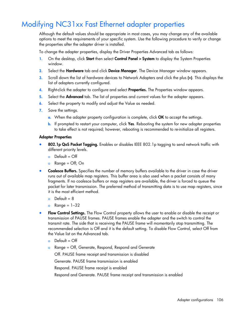 Modifying nc31xx fast ethernet adapter properties | HP 441877-00B User Manual | Page 106 / 176