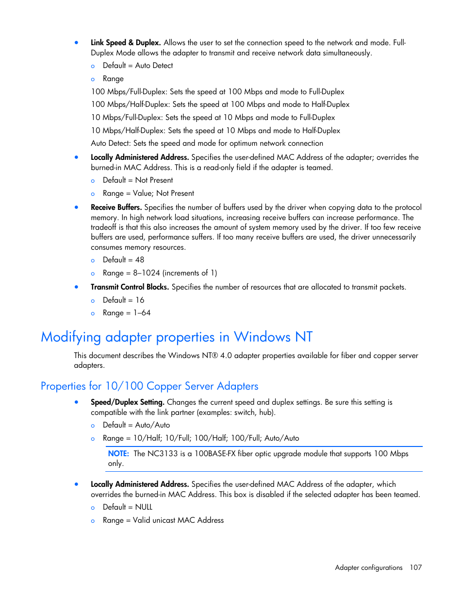 Modifying adapter properties in windows nt, Properties for 10/100 copper server adapters | HP 441877-00B User Manual | Page 107 / 176