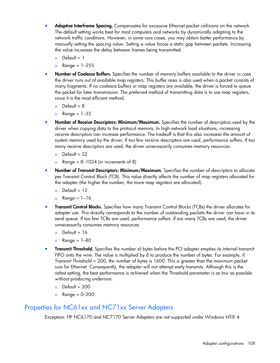 Properties for nc61xx and nc71xx server adapters | HP 441877-00B User Manual | Page 108 / 176