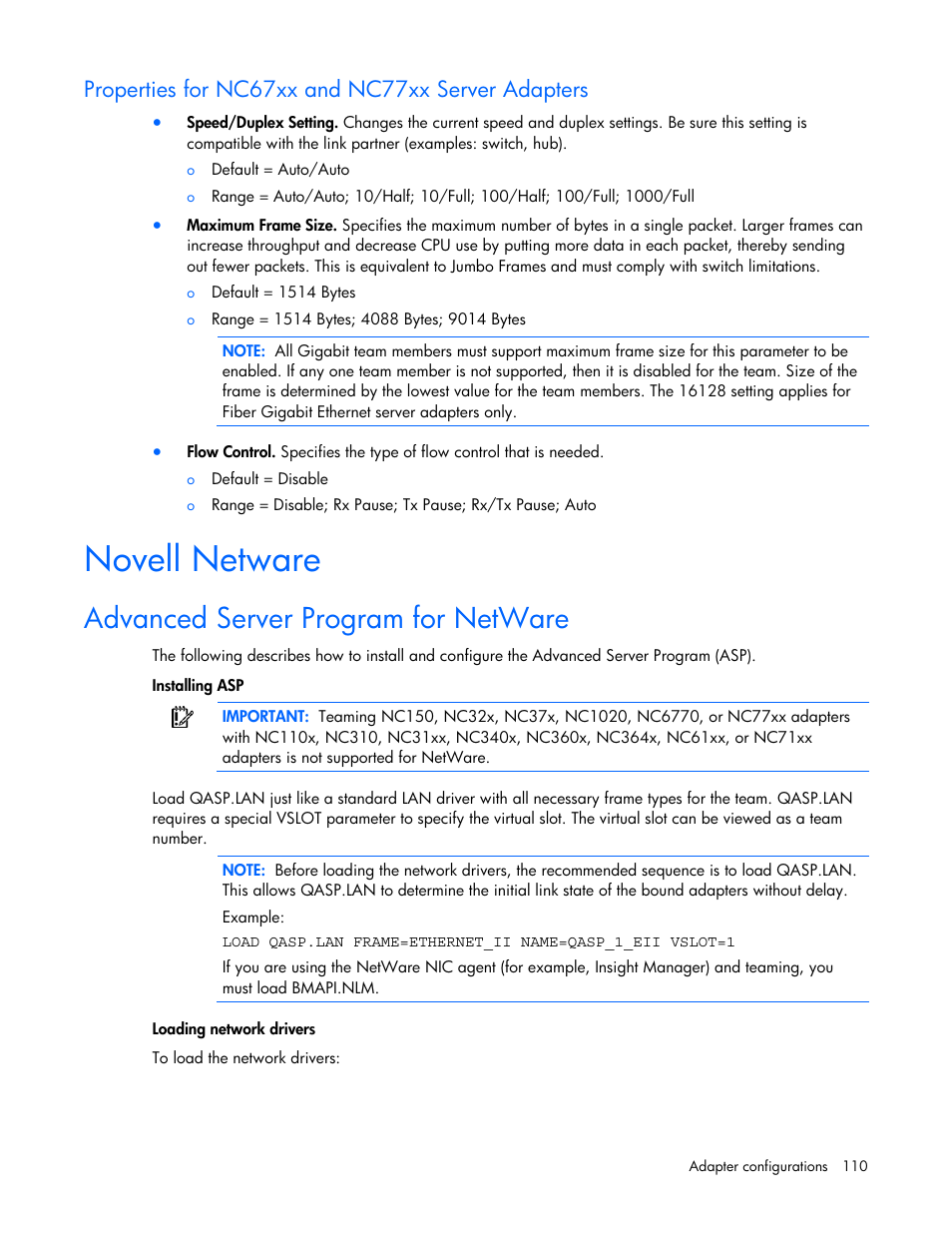 Properties for nc67xx and nc77xx server adapters, Novell netware, Advanced server program for netware | HP 441877-00B User Manual | Page 110 / 176