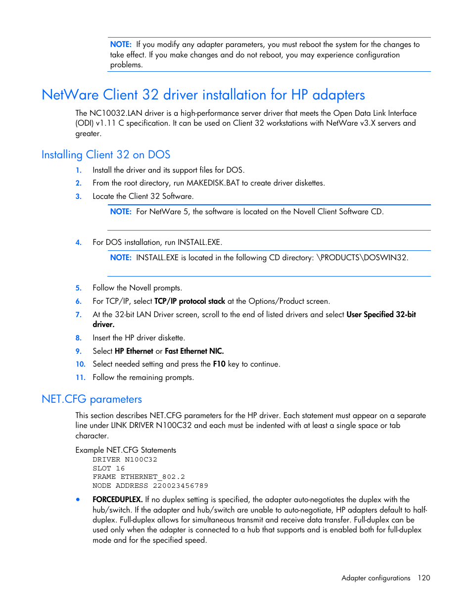 Installing client 32 on dos, Net.cfg parameters | HP 441877-00B User Manual | Page 120 / 176