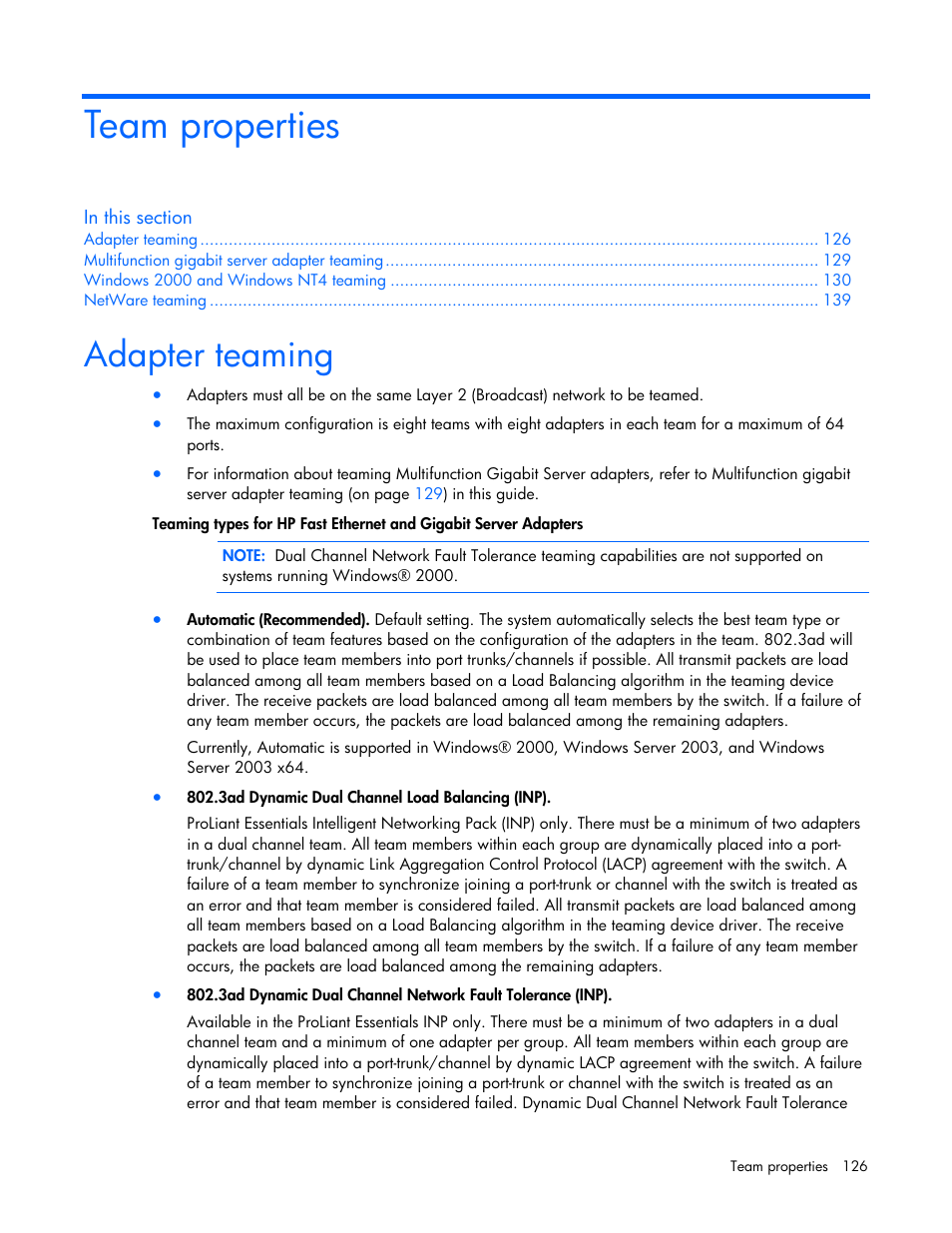 Team properties, Adapter teaming | HP 441877-00B User Manual | Page 126 / 176