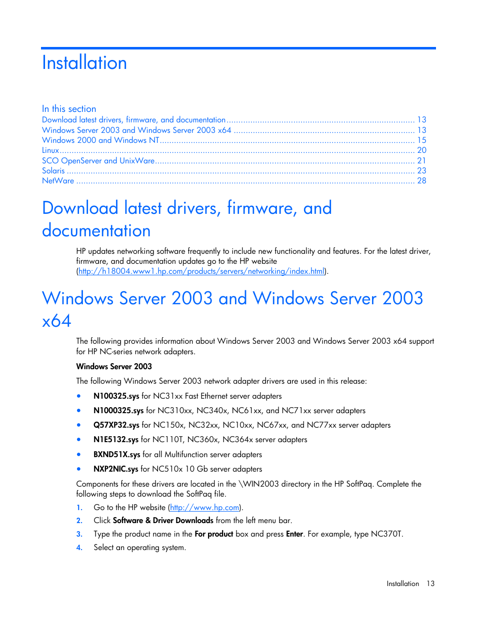 Installation, Windows server 2003 and windows server 2003 x64 | HP 441877-00B User Manual | Page 13 / 176